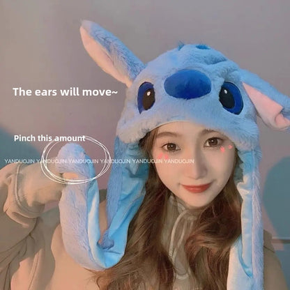 Chapéus de pelúcia Disney Anime Stitch para mulheres, chapéus bonitos de desenho animado com orelhas balançando, presentes para meninas, chapéu quente de inverno infantil