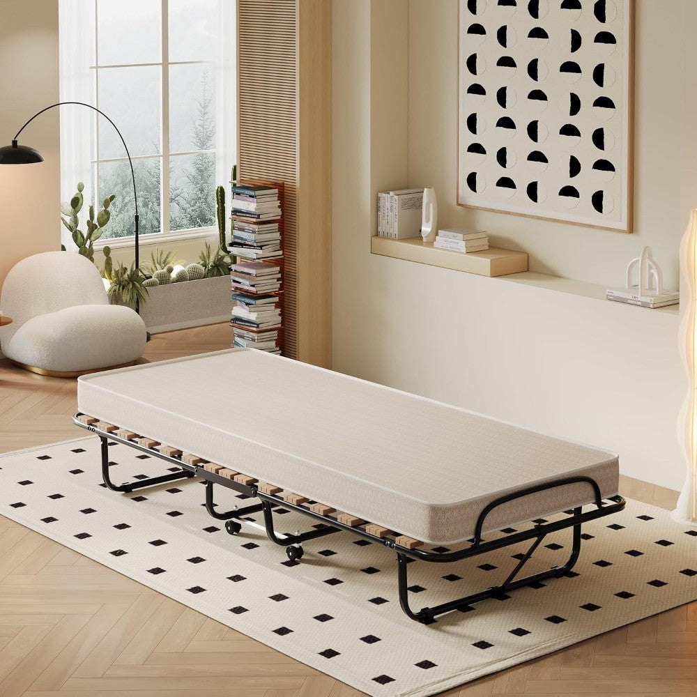 Folding Bed with Mattress, Rollaway Guest Bed w/ 4 Inch Memory Foam Mattress, Sturdy Metal Frame, Portable Bed Cot Size