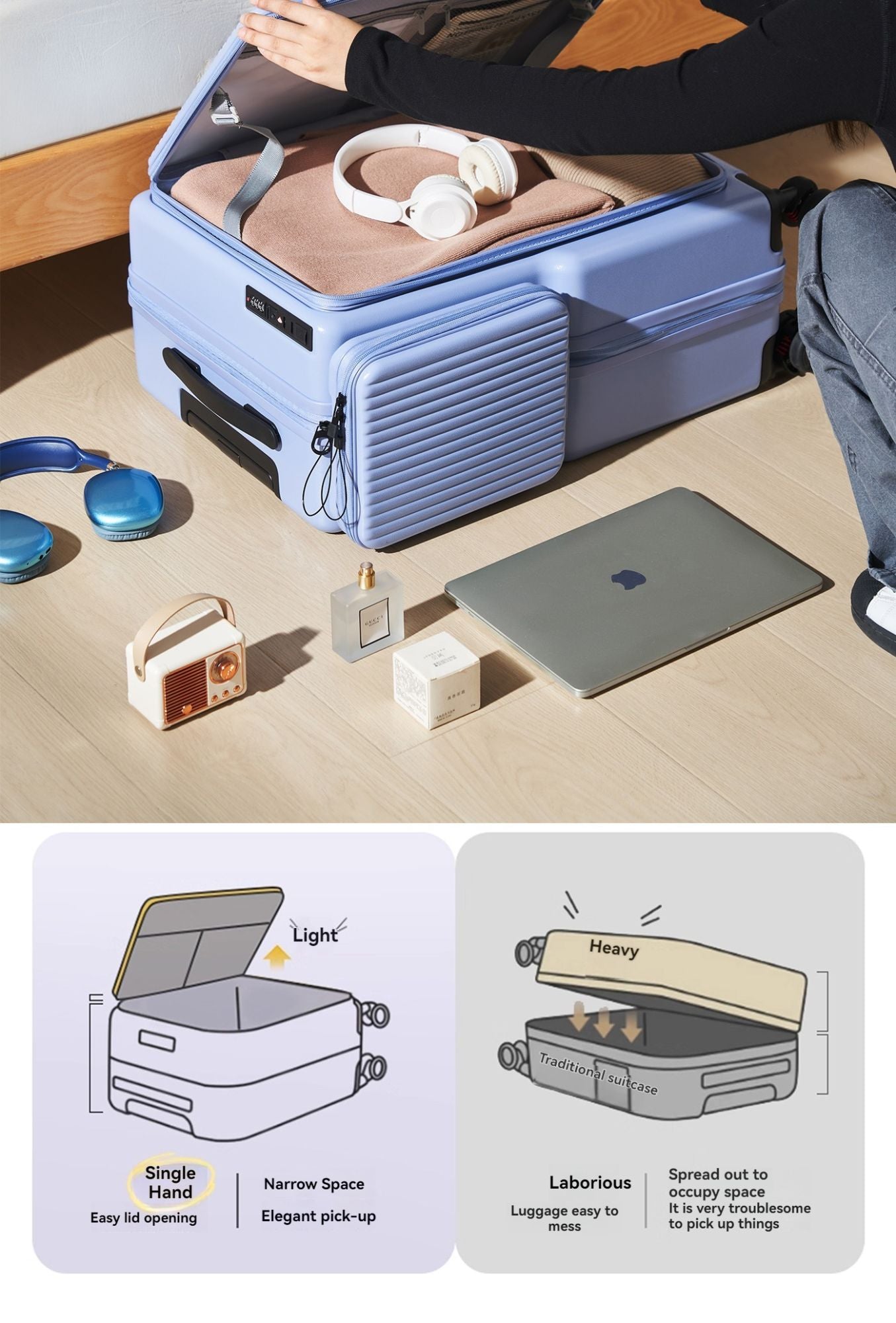 Nova Bagagem com Abertura Frontal de Grande Capacidade, Expansível, Porta-Copos, Carregamento USB, Alça Telescópica e Rodas Universais