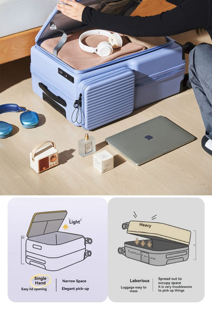 Nova Bagagem com Abertura Frontal de Grande Capacidade, Expansível, Porta-Copos, Carregamento USB, Alça Telescópica e Rodas Universais