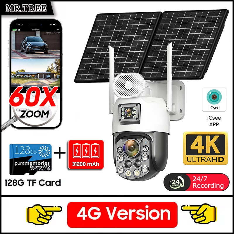 Câmeras de segurança solares externas 4K, 4G SIM, 2 lentes/tela, zoom óptico de 60x, rastreamento automático, PTZ 360°, câmera IP para vigilância residencial