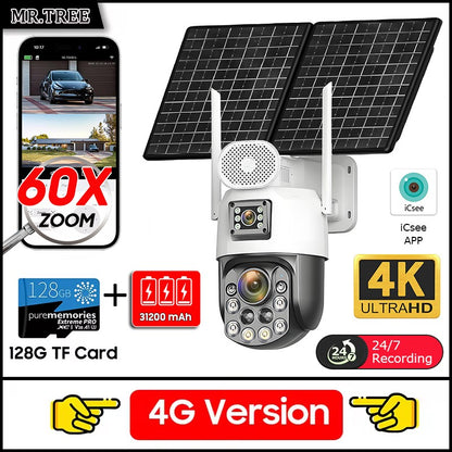 Câmeras de segurança solares externas 4K, 4G SIM, 2 lentes/tela, zoom óptico de 60x, rastreamento automático, PTZ 360°, câmera IP para vigilância residencial
