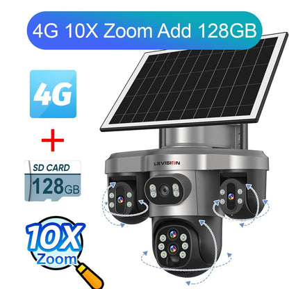 LS VISION 20MP 10X Optical Zoom Three PTZ Lens Solar Camera Outdoor WiFi/4G Three Screen Auto Tracking Security Cameras V380 Pro