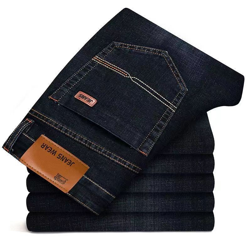 Novos jeans masculinos de perna reta, clássico preto azul micro elástico, casual, negócios, casual, calças jeans masculinas de marca