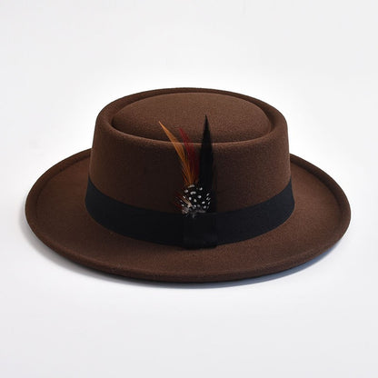 NEW Vintage Pork Pie Hat Mens Rolled Brim Felt Fedora Hat with Feather Gentleman Church Cap Trilby Jazz Hats