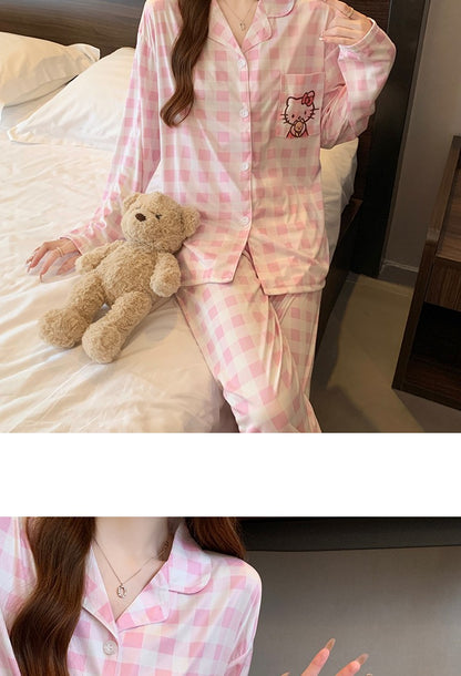 Hello Kitty and Plaid Pajama Set for Women Winter Checked Sleepwear Long Sleeve Home Outfit Autumn Loungewear Korean Fashion