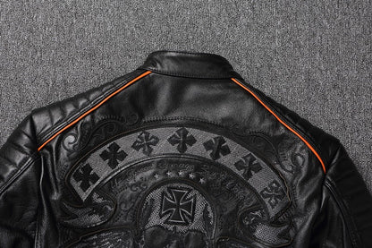 Men's Spring Original Leather Motorcycle Jacket 2025 Skull Embroidery Top Layer Cowhide Clothing Slim Fit Black Slim Male Coat