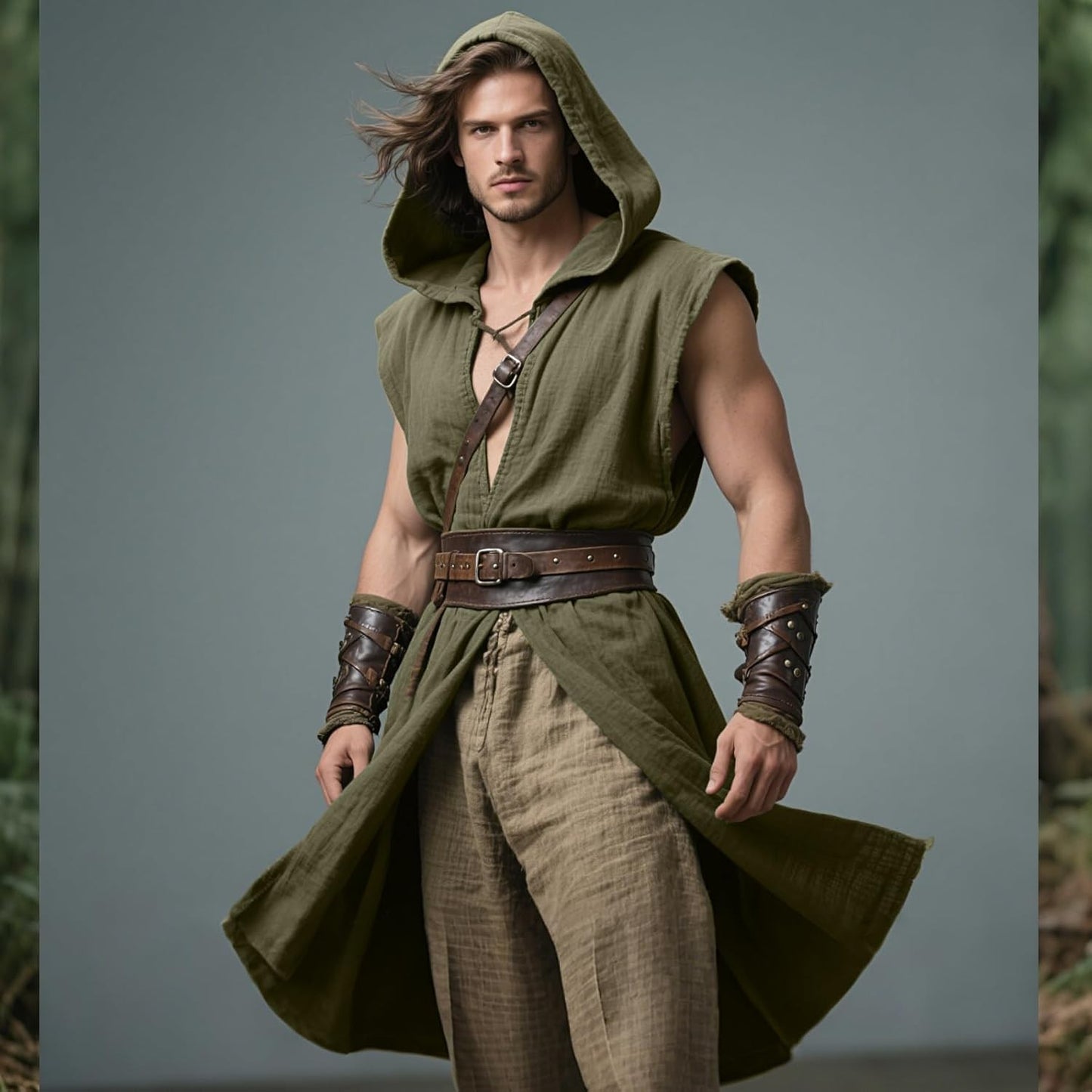 Men's Medieval Hooded Surcoat Renaissance Tabard Sleeveless Tunic Cloak Viking Costume Holloween Assassin Cosplay