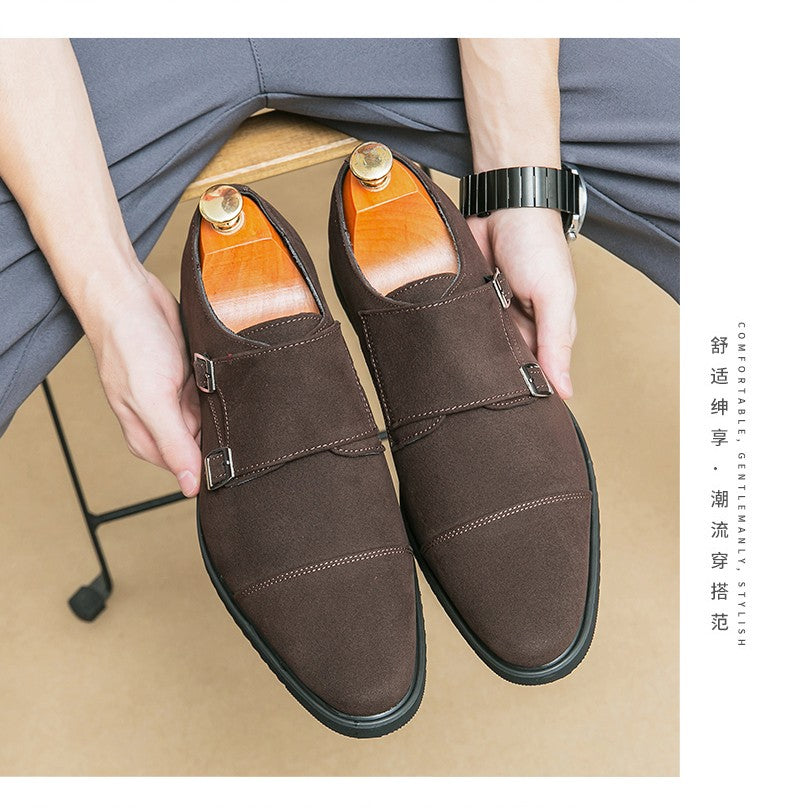 New Brown Loafers Flock Double Buckle Monk Shoes Black Square Toe Slip-On Business Men Dress Shoes Size 38-46 Free Shipping