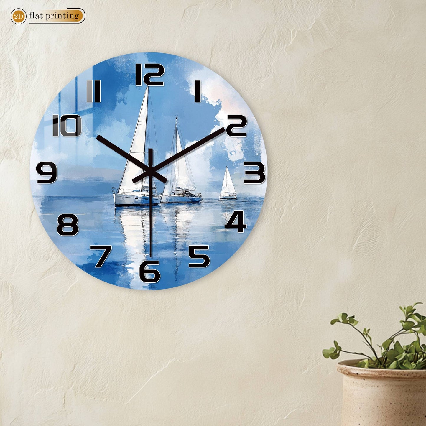 Sailboat Ocean Watercolor Wall Clock, Nautical Coastal Home Office Decor, Silent Quartz Movement Timekeeping Art