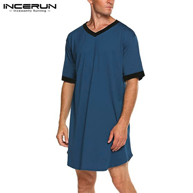INCERUN 2024 Men Sleep Robes Short Sleeve V Neck Nightgown Patchwork Cozy Homewear Fashion Loose Mens Bathrobes Dressing Gown