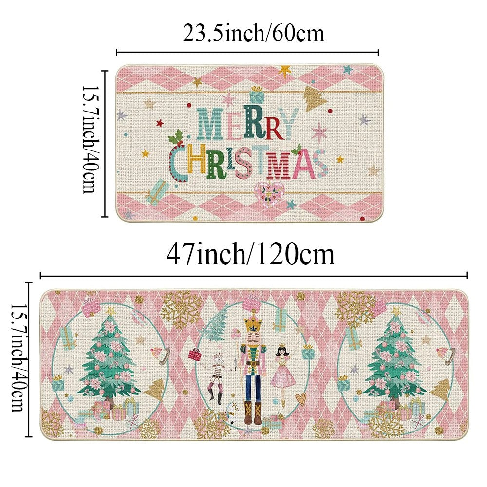 VIKAMA 2pcs Christmas Kitchen Rug - Nutcracker Christmas Happy Mat - Slip-Resistant And Easy To Clean - Home Decoration