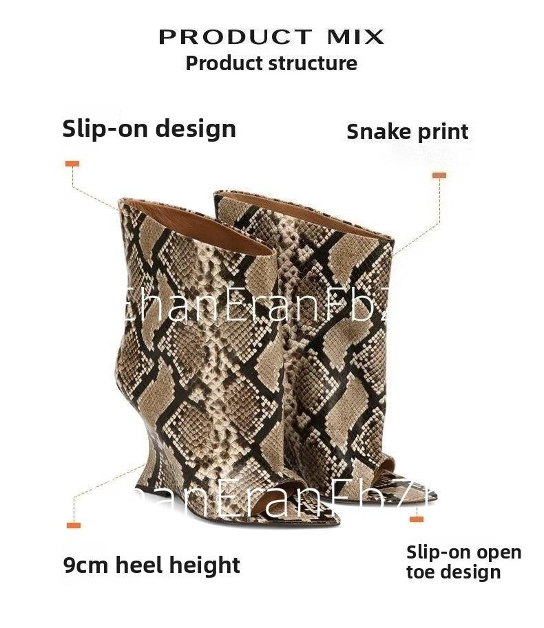 2025Ladies' Spring and Summer New Fish Mouth Slope High Heel Knee Boots, Fashionable Pointed Fashion Show Medium Cool Boots