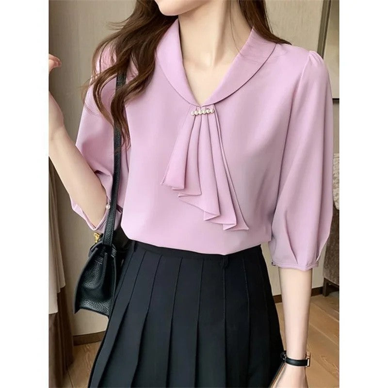 Women Summer Style Blouses Shirts Lady Office Wear OL Short Sleeve Bow Tie Collar Pink Blusas Tops