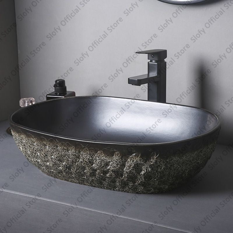 Vintage Style Ceramic Washbasin Black Artistic Hotel Family Bathroom Sink Basins Large Oval Balcony Garden Outdoor Washing Basin