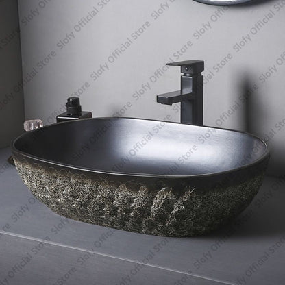 Vintage Style Ceramic Washbasin Black Artistic Hotel Family Bathroom Sink Basins Large Oval Balcony Garden Outdoor Washing Basin