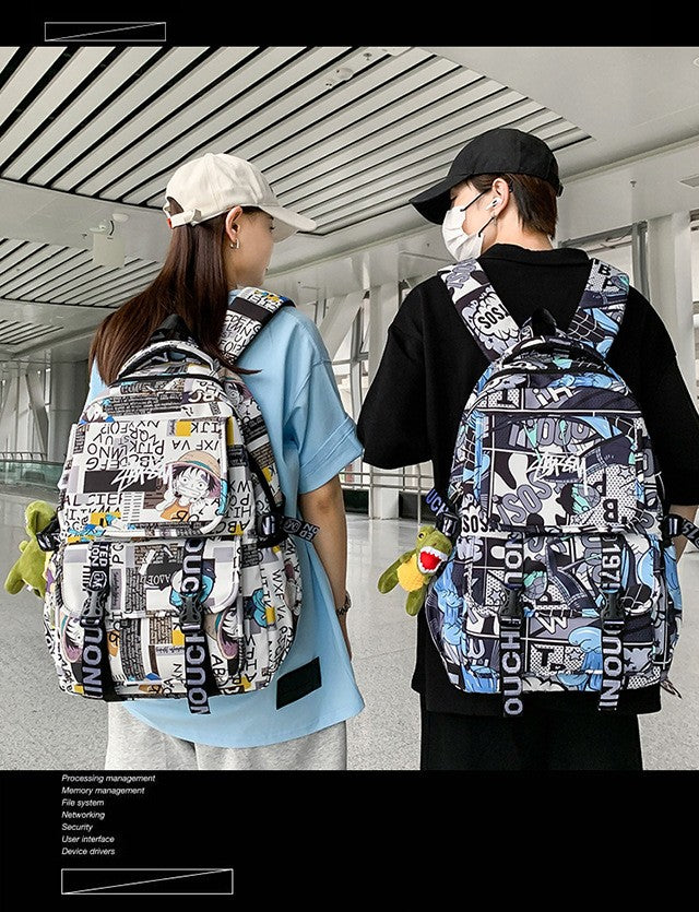 Anime Male and Female High-capacity One Piece Luffy Graffiti Printed Backpack for Middle High Students School Bag
