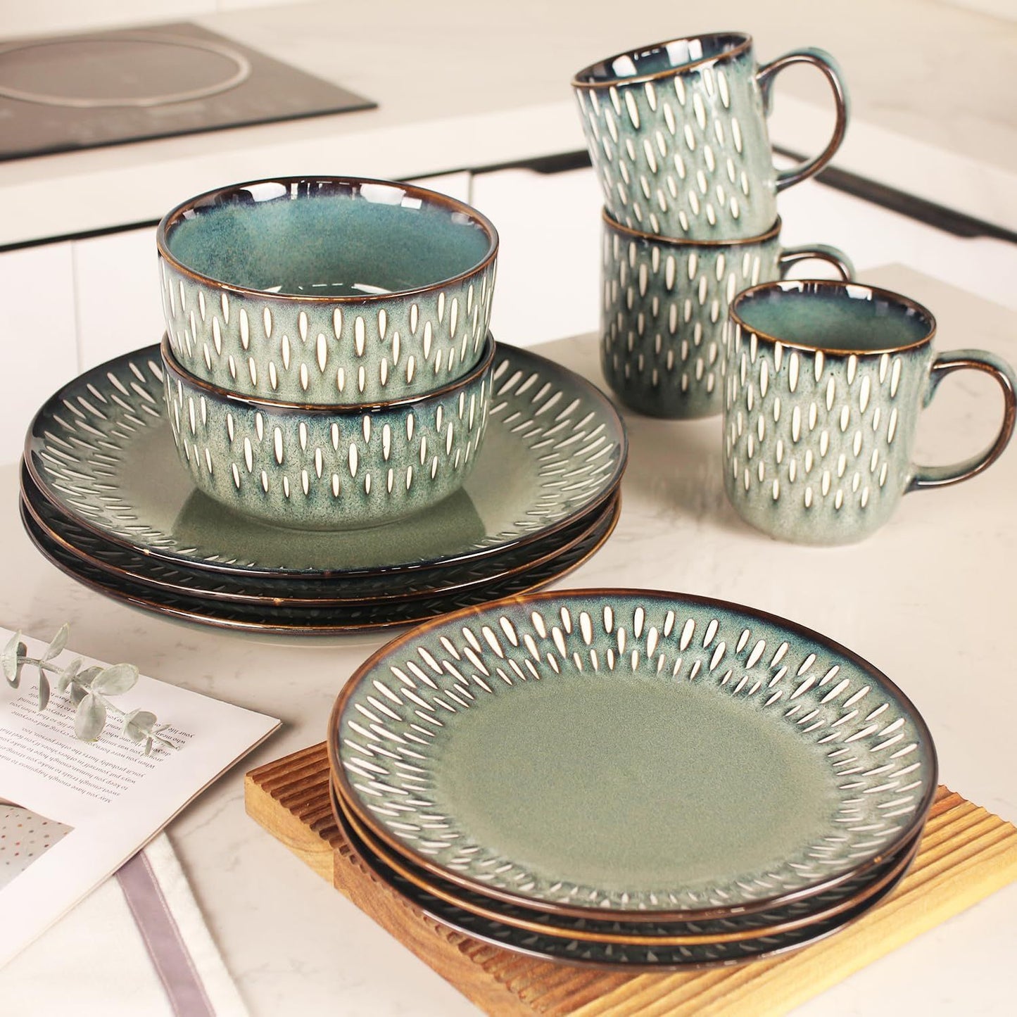 Conjuntos de Louça de 16 Peças – Louça Redonda de Cerâmica Esmaltada Reativa – Louça de Cozinha de Porcelana com Prato de Jantar, Tigela e P