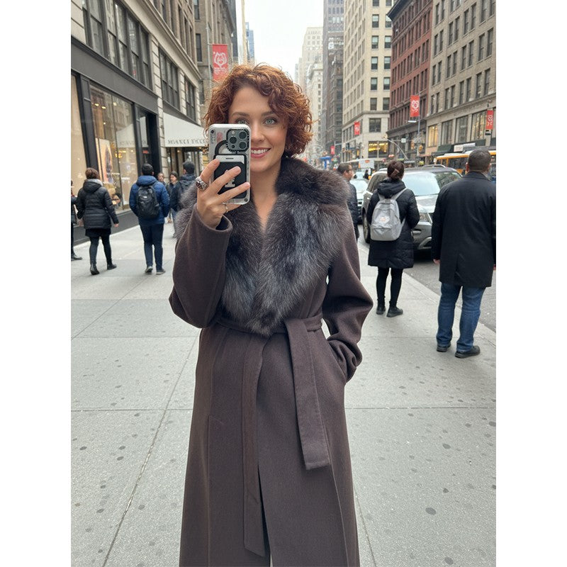 Solid Fur Collar Woolen Maxi Coat Women Fashion Lapel Full Sleeve Lace Up Pocket Loose Long Jacket Lady Autumn Daily Street Wear