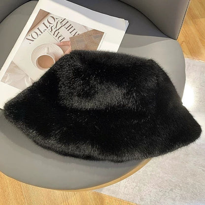 Hot Sale Fluffy Faux Fur Bucket Hats Women Warm Thick Plush Winter Hat Lady Fashion Fisherman Cap Korean Furry Bucket Hat Y2k