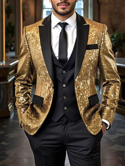 Shiny Sequin Tuxedo Jacket for Men - Royal Blue & Gold Gradient, Black Lapel, Formal Party/Wedding/Stage Wear? Coat.
