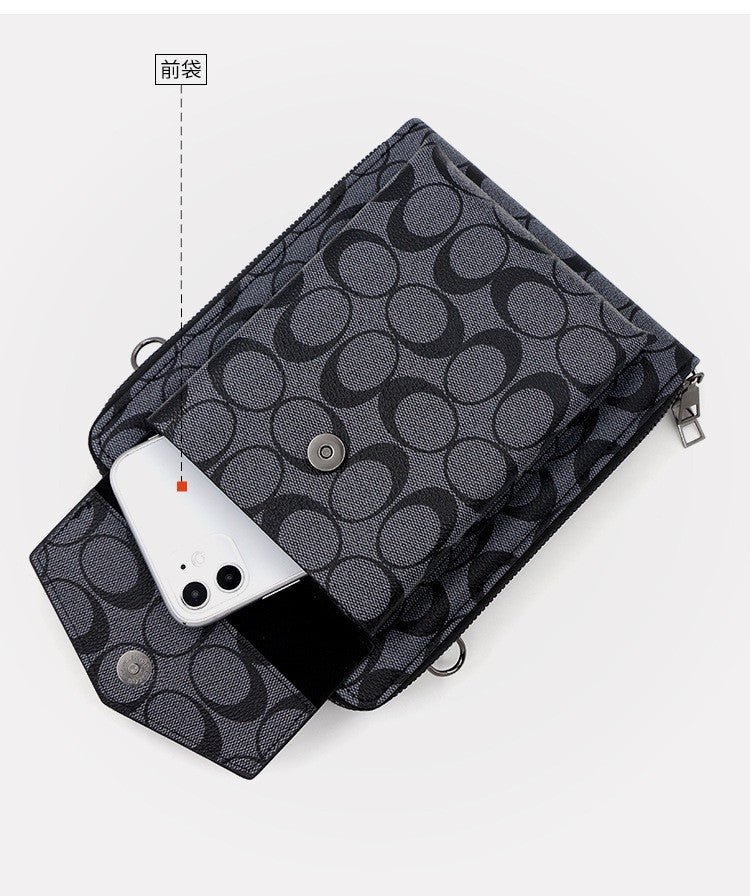 Business men's printed crossbody bag, shoulder bag, double zipper, large capacity ID bag, mobile phone bag, hanging bag