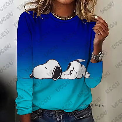 Autumn Winter New Cartoon Snoopy Print Women's Long Sleeve T-shirt Fashion O-neck Tees Casual Sweatshirt Oversize Female Clothes