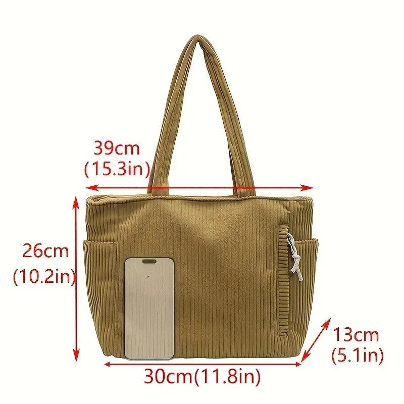 Casual Corduroy Handbag with Zipper Closure Light and Large Capacity Fixed Shoulder Strap Solid Color Daily Commuter Handbag