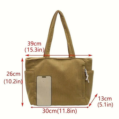 Casual Corduroy Handbag with Zipper Closure Light and Large Capacity Fixed Shoulder Strap Solid Color Daily Commuter Handbag