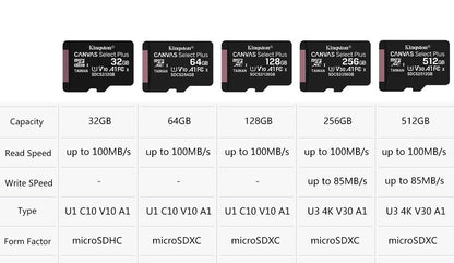 Cartão de Memória Kingston Até 200MB/S Micro SD TF 64GB 256GB 128GB 512GB 1TB Velocidade de Leitura Classe 10 U1 V30 A1 Flash para Eletrônicos