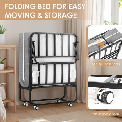 Folding Bed with Memory Foam Mattress, Portable Rollaway Guest Beds on Wheels, 75x31 Twin Size Space-Saving Cot-Size Bed for Adu