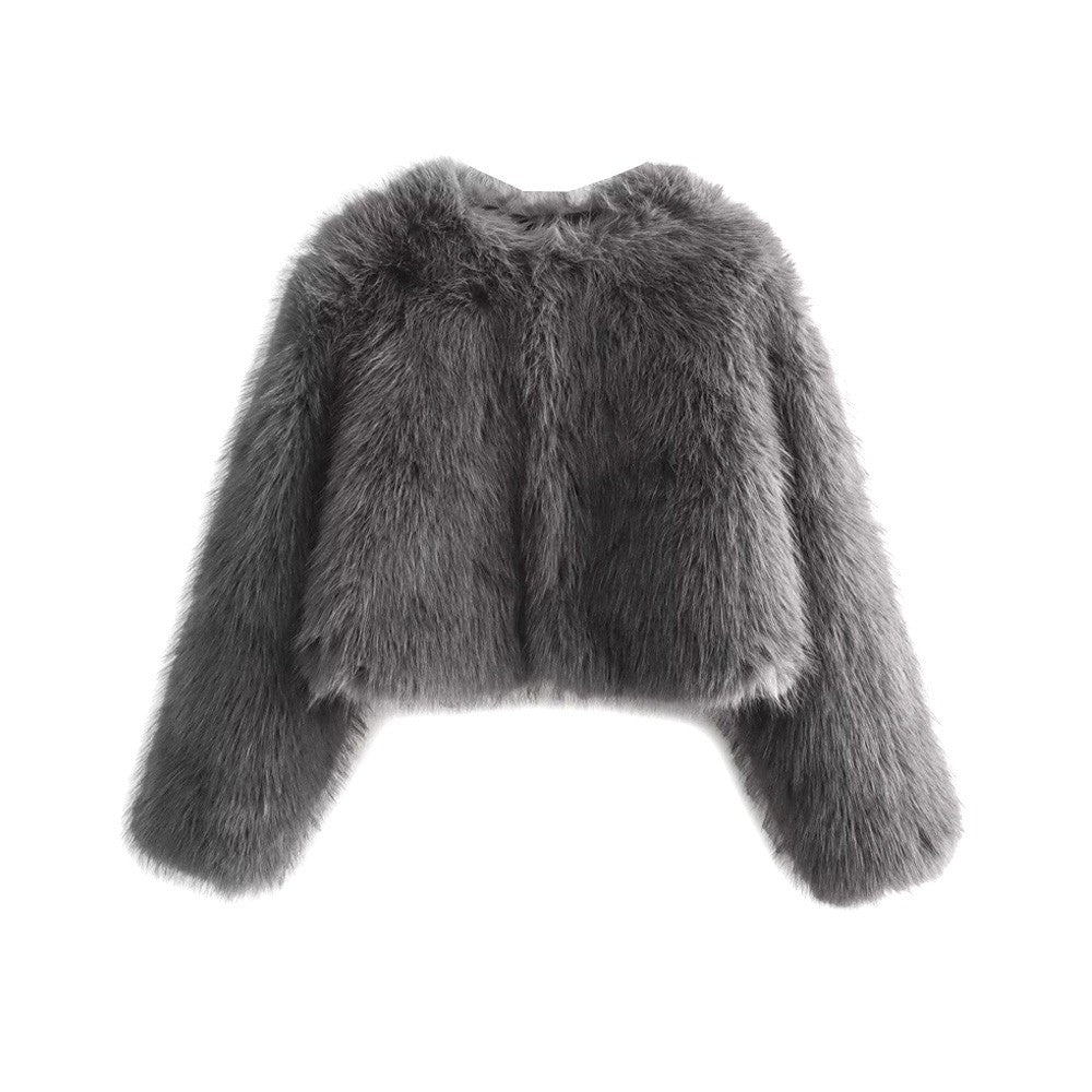 Women's Thick Warm Faux Fur Cropped Jacket, O Neck, Long Sleeve, Female Outerwear, Chic Tops, Fashion
