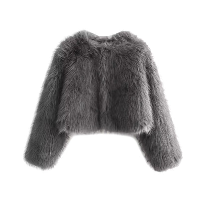 Women's Thick Warm Faux Fur Cropped Jacket, O Neck, Long Sleeve, Female Outerwear, Chic Tops, Fashion