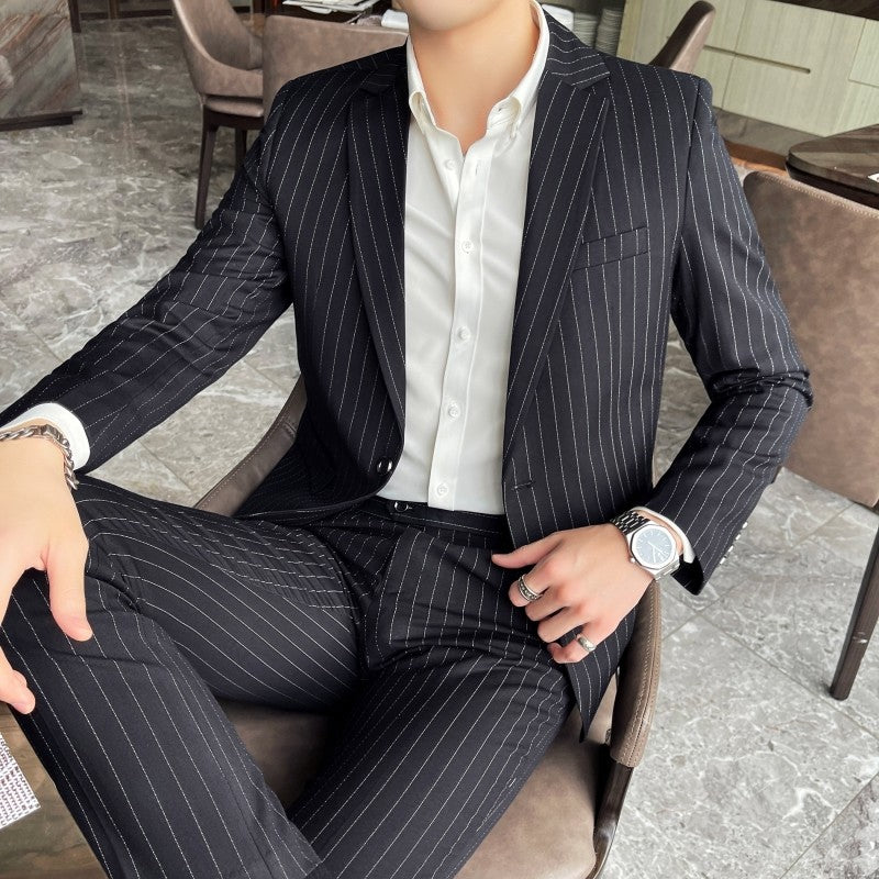 Men's Fashion High-Quality Slim Fit Two-Piece Suit Set Spring Autumn Stripes Business Casual Trousers And Jacket Combo