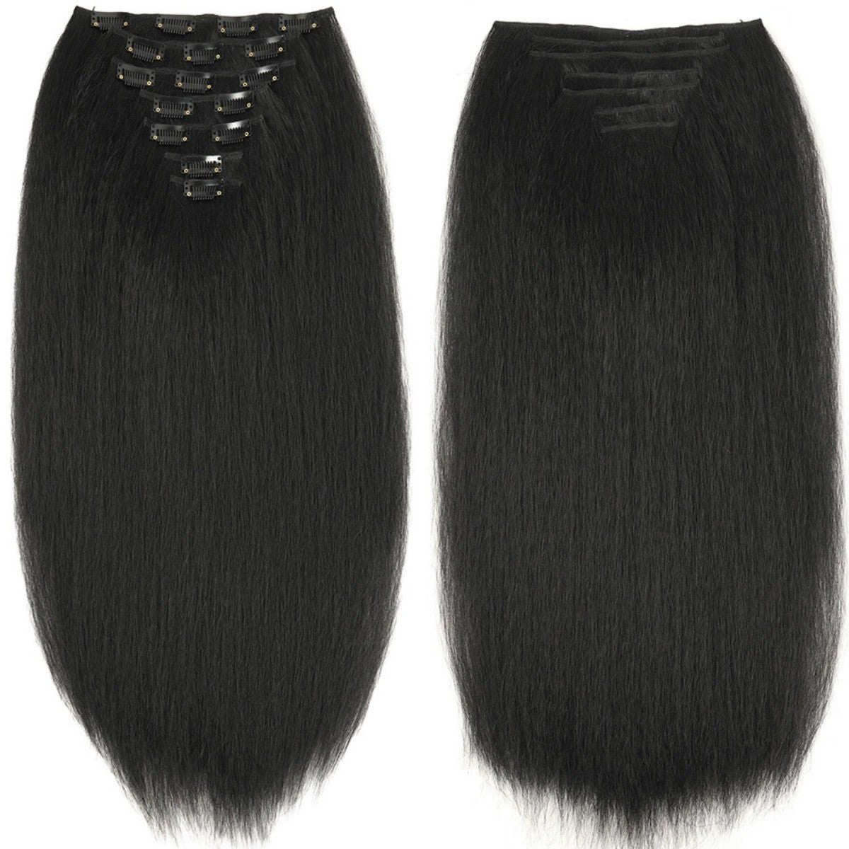 Apliques de Cabelo Sintético Kinky Liso 7 Peças 16 Clipes Yaki Liso 55cm Extensões de Cabelo para Cabeça Cheia