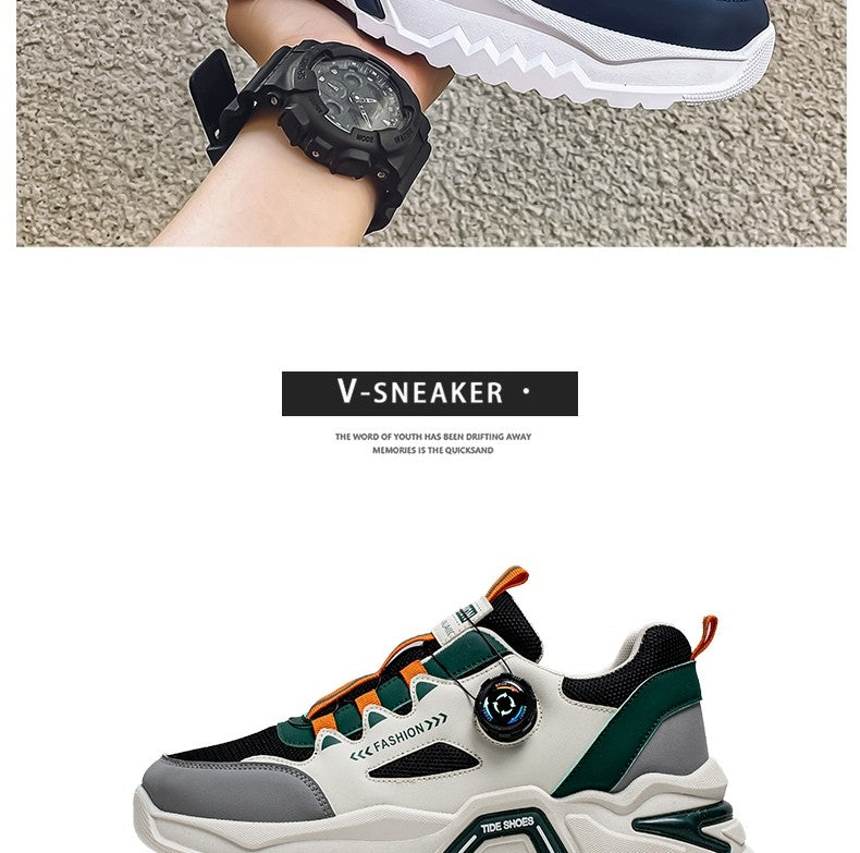 Tênis masculino coreano com fivela rotativa, moda casual, esportivo, para as quatro estações, solado macio, antiderrapante, para corrida ao ar livre, tênis de estudante