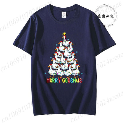 Funny Merry Goosmas T-Shirts for Women,Trendy Christmas Goose Shirt Design,Christmas Tree Party T-Shirts for Women Men Clothes