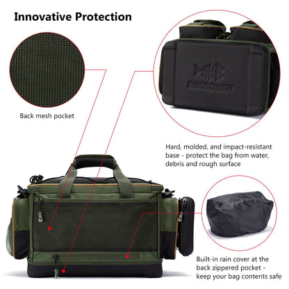 BASSDASH Fishing Tackle Shoulder Bag Resistente à Água, Leve, para Armazenamento de Equipamentos, com Base Rígida Moldada e Capa de Chuva