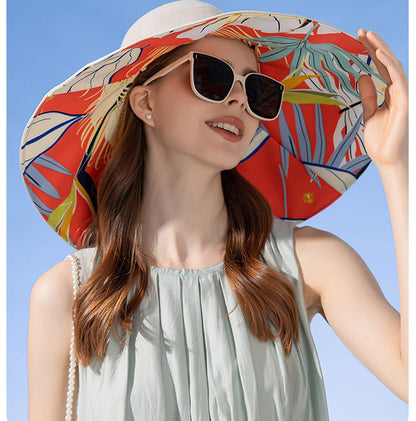 Chapéu Feminino de Verão Dupla Face com Aba Larga Proteção Solar Flor Praia Elegante Ao Ar Livre Protetor Solar Atacado Novo