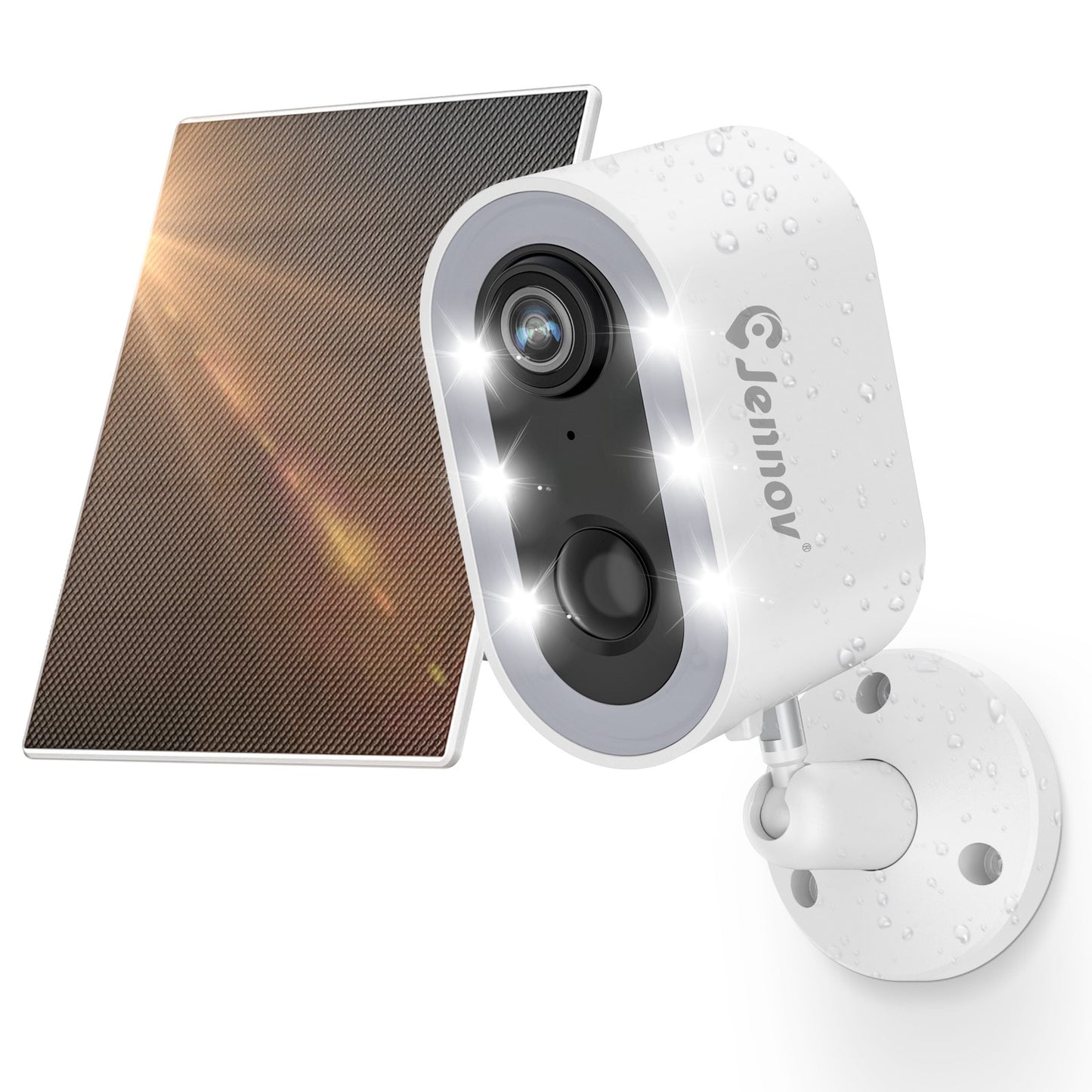 Câmeras de segurança externas sem fio com painel solar Jennov 2K WiFi 2.4G holofote com bateria visão noturna alarme de detecção de movimento