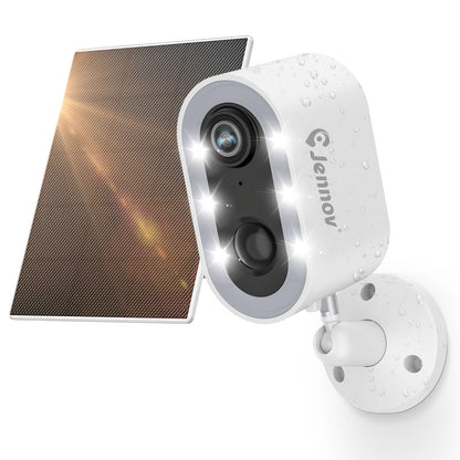 Câmeras de segurança externas sem fio com painel solar Jennov 2K WiFi 2.4G holofote com bateria visão noturna alarme de detecção de movimento