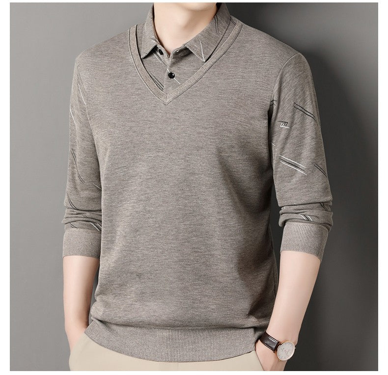 Men's Fleece Lining Sweater Autumn Winter Pullover Polo Shirt Collar Fake Two Piece Thick Warm Top Clothes Casual Knitwear