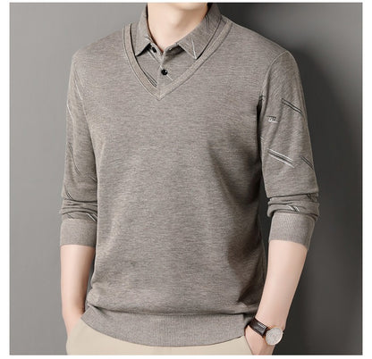 Men's Fleece Lining Sweater Autumn Winter Pullover Polo Shirt Collar Fake Two Piece Thick Warm Top Clothes Casual Knitwear