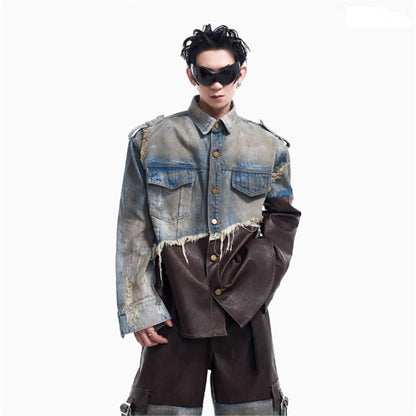 2024 American vintage do old piece-leather destruction denim jacket men fall dirty jacket