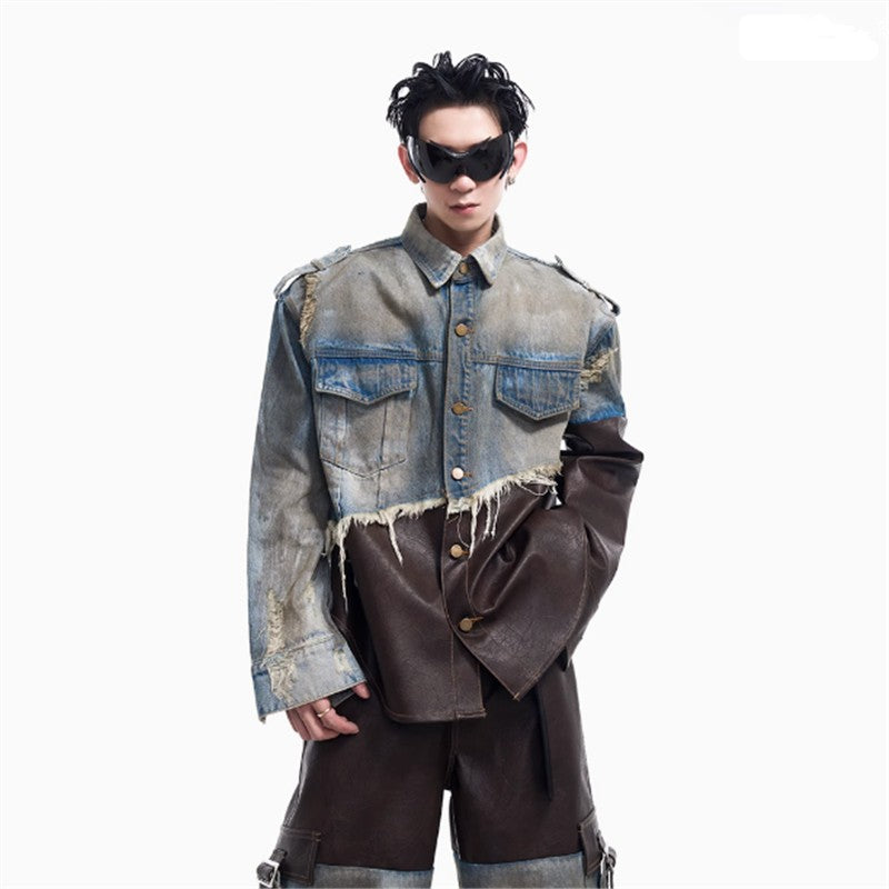 2024 American vintage do old piece-leather destruction denim jacket men fall dirty jacket