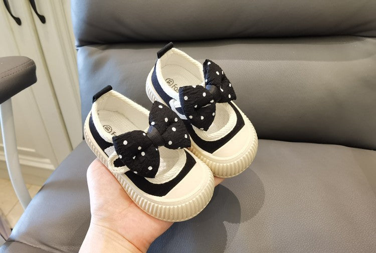 Girls Fashion Shoes Canvas Sneaker Kids Polka Dot Bow Princess Flats Breathable Baby Shoes Student Soft Sole Casual Spring Shoes