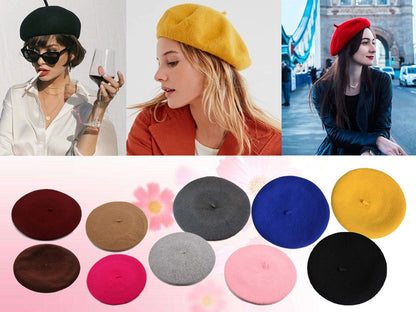 Boina de lã sintética quente de inverno feminina meninas artista francesa gorro chapéu vermelho preto roxo bege laranja Kawaii bonés de topo plano aquecedores