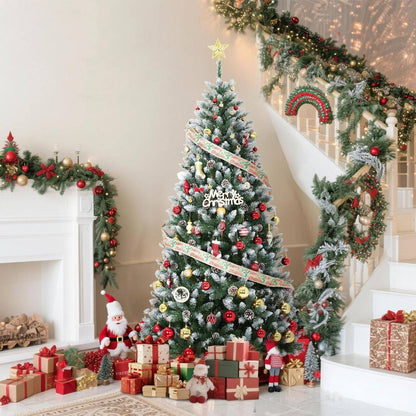 Pre-Lit Flocked Artificial Christmas Tree 6‘/9’ with Warm White LED Lights, Realistic Pine Branches, Snow Covered Xmas Tree, Slim Space Saving Design, Sturdy Metal Stand, Indoor Outdoor Holiday Decoration