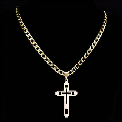 Colares de Aço Inoxidável Cruz Hip Hop 2023 Cor Dourada Colar Longo Pingente para Mulheres/Homens Joias collier homme N6055S05