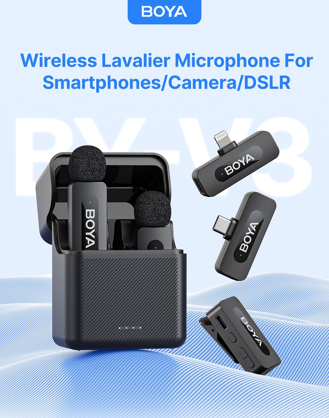 BOYA BY-V3 Microfone de Lapela Sem Fio com Cancelamento de Ruído Recarregável para iPhone Android Câmera Transmissão ao Vivo Vlogging